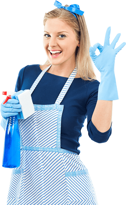 A uniformed cleaning lady smiling holding a sprayer in one hand and giving okay sign in the other